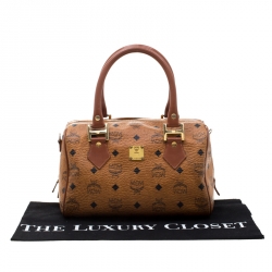 MCM Cognac Visetos Coated Canvas Small Heritage Boston Bag