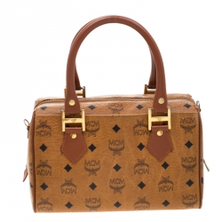 MCM Cognac Visetos Coated Canvas Small Heritage Boston Bag
