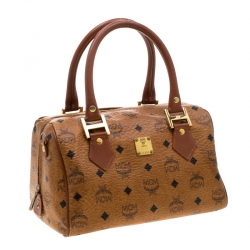 MCM Cognac Visetos Coated Canvas Small Heritage Boston Bag