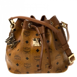 MCM Cognac Visetos Coated Canvas and Leather Heritage Drawstring Bucket Bag  MCM