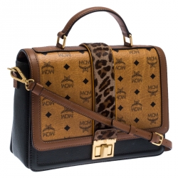 MCM Brown Visetos Cognac Coated Canvas and Leather Top Handle Bag