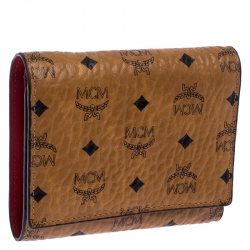 MCM Cognac Visetos Coated Canvas Tri Fold Compact Wallet