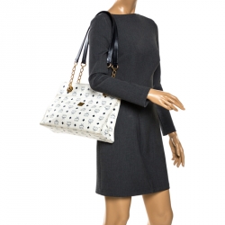 MCM White/Black Visetos Coated Canvas Chain Tote