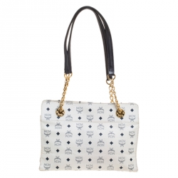 MCM White/Black Visetos Coated Canvas Chain Tote