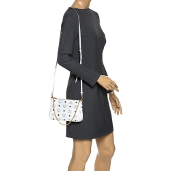 Pre Owned MCM White Visetos Coated Canvas Crossbody Bag