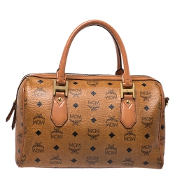 MCM Cognac Visetos Coated Canvas Heritage Boston Bag