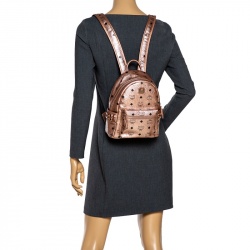 MCM Metallic Peach Visetos Coated Canvas and Leather Studs Stark Backpack