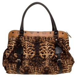 MCM Brown/Black Leopard Print Calfhair and Visetos Coated Canvas Zip Satchel