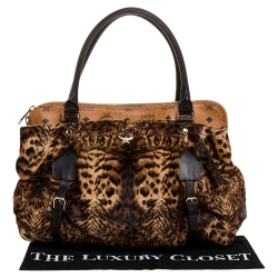 MCM Brown/Black Leopard Print Calfhair and Visetos Coated Canvas Zip Satchel