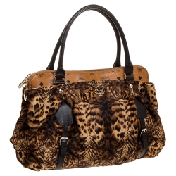 MCM Brown/Black Leopard Print Calfhair and Visetos Coated Canvas Zip Satchel
