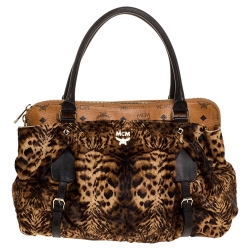 MCM Brown/Black Leopard Print Calfhair and Visetos Coated Canvas Zip Satchel