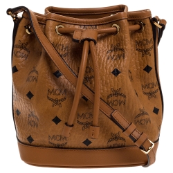MCM Brown Visetos Coated Canvas Drawstring Shoulder Bag