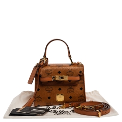 Pre Owned MCM Brown Visetos Canvas Mini Heritage Top Handle Bag