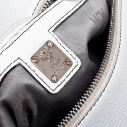 Pre Owned MCM White/Grey Printed Canvas and Leather Embossed Logo Pocket Tote