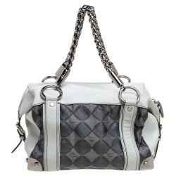 Pre Owned MCM White/Grey Printed Canvas and Leather Embossed Logo Pocket Tote