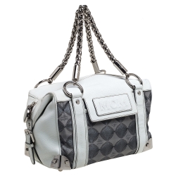 Pre Owned MCM White/Grey Printed Canvas and Leather Embossed Logo Pocket Tote