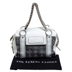 Pre Owned MCM White/Grey Printed Canvas and Leather Embossed Logo Pocket Tote