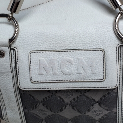 Pre Owned MCM White/Grey Printed Canvas and Leather Embossed Logo Pocket Tote