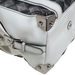 Pre Owned MCM White/Grey Printed Canvas and Leather Embossed Logo Pocket Tote