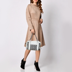 Pre Owned MCM White/Grey Printed Canvas and Leather Embossed Logo Pocket Tote