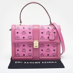 Pre Owned MCM Pink Cognac Viscos Coated Canvas and Leather Top Handle Bag