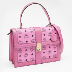 Pre Owned MCM Pink Cognac Viscos Coated Canvas and Leather Top Handle Bag
