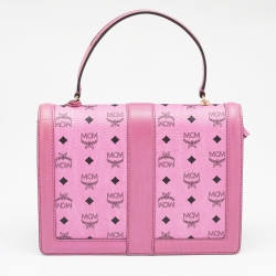 Pre Owned MCM Pink Cognac Viscos Coated Canvas and Leather Top Handle Bag