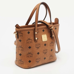 Pre Owned MCM Tan Visetos Coated Canvas and Leather Mini Anya Zip Tote