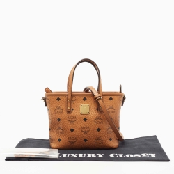Pre Owned MCM Tan Visetos Coated Canvas and Leather Mini Anya Zip Tote