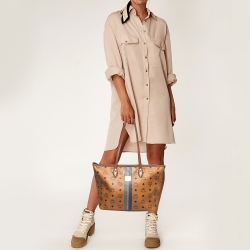 MCM Brown Visetos Coated Canvas and Leather Stripe Tote