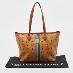 MCM Brown Visetos Coated Canvas and Leather Stripe Tote