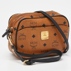 MCM Tan Visetos Coated Canvas and Leather Double Zip Camera Crossbody Bag