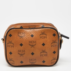 MCM Tan Visetos Coated Canvas and Leather Double Zip Camera Crossbody Bag