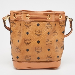 MCM Cognac Visetos Coated Canvas and Leather Mini Drawstring Bucket Bag