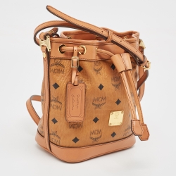 MCM Cognac Visetos Coated Canvas and Leather Mini Drawstring Bucket Bag