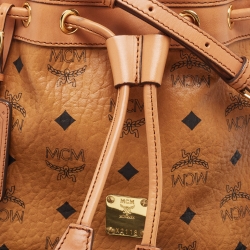 MCM Cognac Visetos Coated Canvas and Leather Mini Drawstring Bucket Bag
