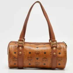 MCM Cognac Visetos Coated Canvas and Leather Boston Bag