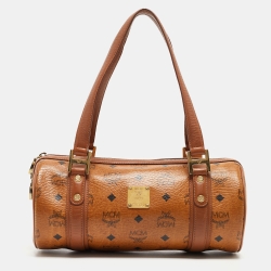 MCM Cognac Visetos Coated Canvas and Leather Boston Bag