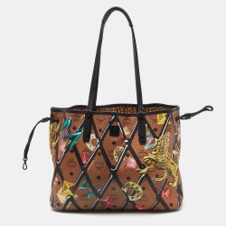 MCM Cognac/Black Visetos Coated Canvas and Leather Shopper Tote