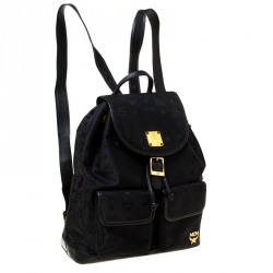 MCM Black Nylon and Leather Drawstring Backpack