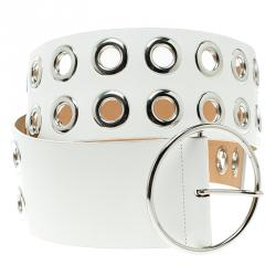 Pre Owned McQ by Alexander McQueen White Leather Circle Buckle Belt XXL