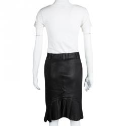 Pre Owned McQ By Alexander McQueen Black Lamb Leather Ruffled Back Pencil Skirt S