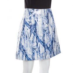Pre Owned McQ by Alexander McQueen Blue and White Marble Printed Glazed Leather A Line Skirt M
