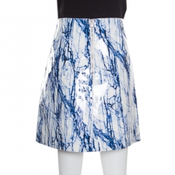 Pre Owned McQ by Alexander McQueen Blue and White Marble Printed Glazed Leather A Line Skirt M