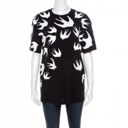 McQ by Alexander McQueen Black Swallow Printed Cotton T- Shirt XL