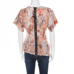 Pre Owned McQ by Alexander McQueen London Doodle Print Frayed Edge Asymmetric Cotton Top M