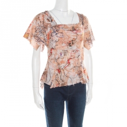 Pre Owned McQ by Alexander McQueen London Doodle Print Frayed Edge Asymmetric Cotton Top M