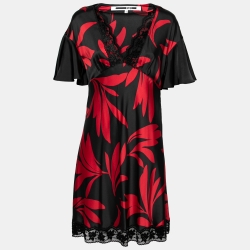 Black & Red Floral Print Satin Flare Sleeve Dress