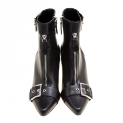 Pre Owned Alexander McQueen Black Leather Double Buckle Pointed Toe Ankle Boots Size 36.5