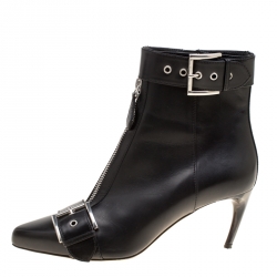 Pre Owned Alexander McQueen Black Leather Double Buckle Pointed Toe Ankle Boots Size 36.5
